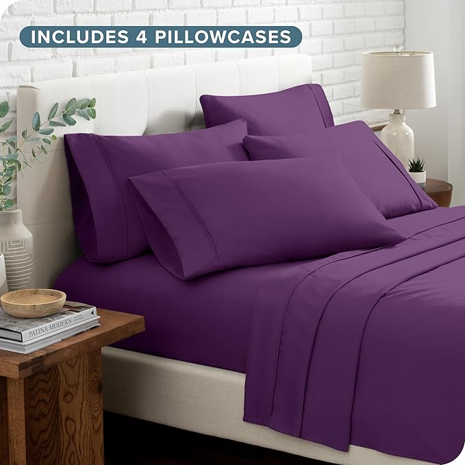 Bare Home Hotel Luxury Full Sheet Set, Extra Soft - 6 Piece Set - Deep Pockets - Easy Fit - Cooling & Breathable - Wrinkle, Fade, Stain Resistant - Includes 4 Pillowcases (Full, Plum)