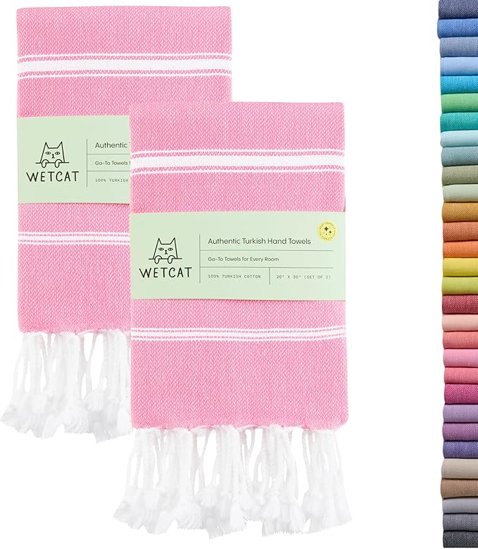 WETCAT Turkish Hand Towels with Hanging Loop, Set of 2 (20" x 30") 100% Turkish Cotton, Pre-Washed, Quick Drying, for Kitchen or Bathroom - Light Pink