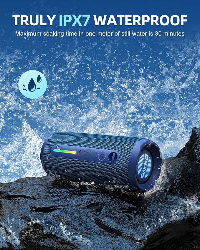 OHAYO Portable Bluetooth Speaker, IPX7 Waterproof Wireless Speaker with 24W Stereo Sound, Active Extra Bass, Bluetooth 5.3, RGB Lights, Dual Pairing, Up to 30H Playtime for Home, Outdoor, Party