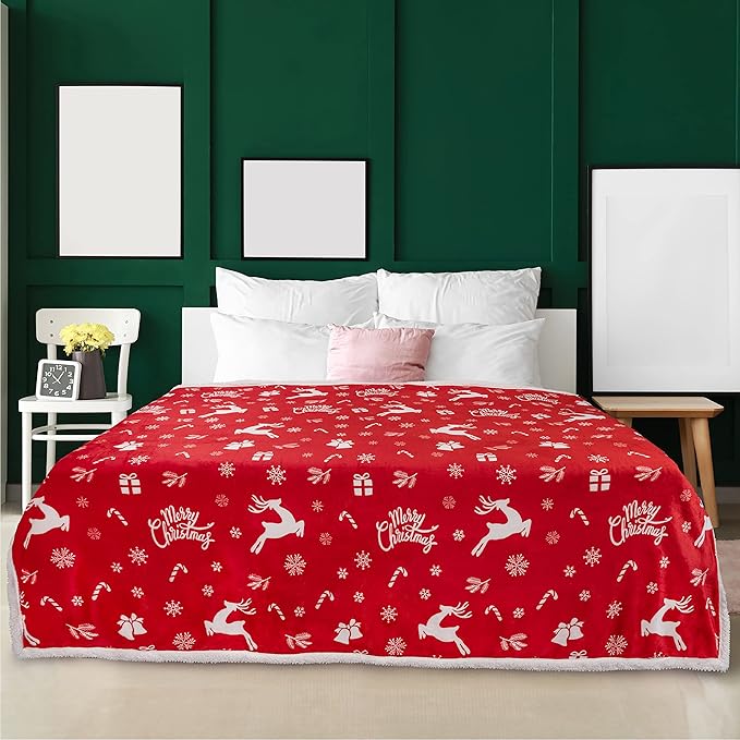 PAVILIA Red Reindeer Christmas Sherpa Throw Blanket, Ultra Soft Reversible Fleece Sherpa 60x80 Winter Blanket for Couch & Bed, Cozy Christmas Home Decor Holiday