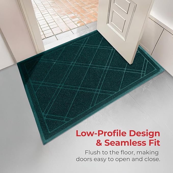 SlipToGrip Entryway Mat for Indoor Outdoor Use - No-Slip Front Doormat for Outside Entrance - 42 x 35 Inch Washable Outdoor Mat with Green Plaid Design for Porch, Garage, and Patio