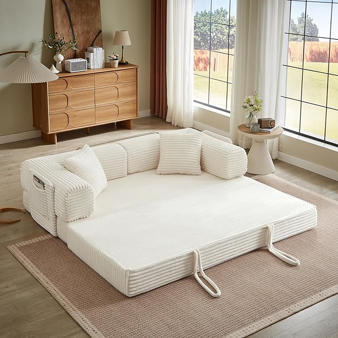 Boneless Couch Folding Couches for Living Room Sofa, Futon Sofa Bed with Sleeper Sofa, Futon Couch with Fixed-Shape Oversized Corduroy Upholstered (White, 81 Inches)