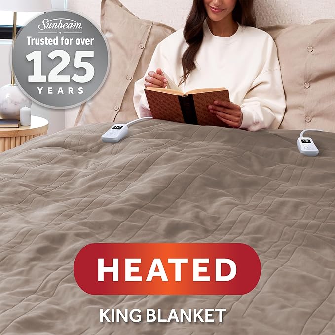 Sunbeam Electric Royal Luxe Microplush Heated Blanket, 12 Heat Settings, 12-Hour Auto Shut-Off, Fast Heating, Warm & Cozy, Machine Washable, Mushroom Color, King (90" x 100")