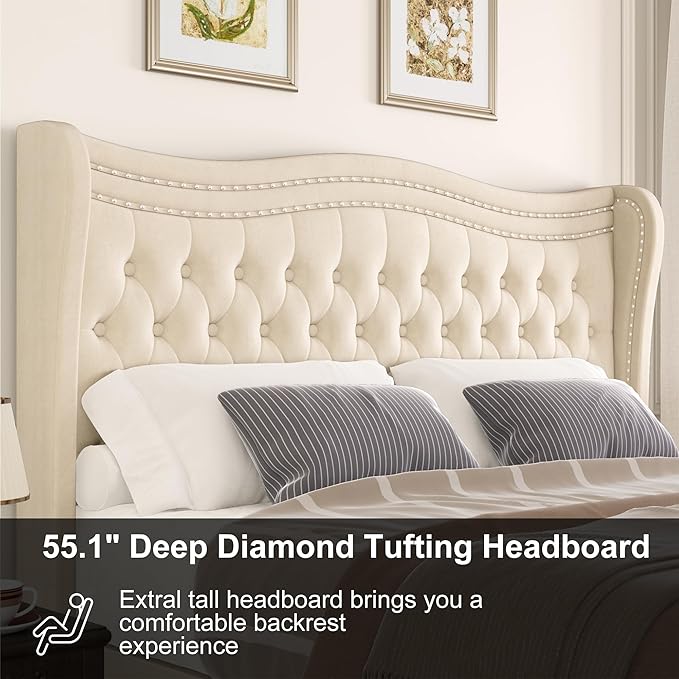Upholstered Queen Size Bed Frame with Tall Headboard, Velvet Wingback Platform Bed Frame with Deep Button Tufted, No Box Spring Needed, Noise Free, Beige