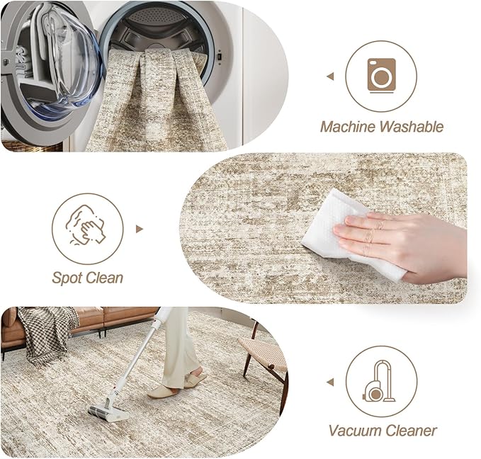 3x5 Rug, Small Area for Kitchen, Entryway, Machine Washable Non-Slip Throw Rug, Vintage Carpet for Nursery Coffee Table Brown