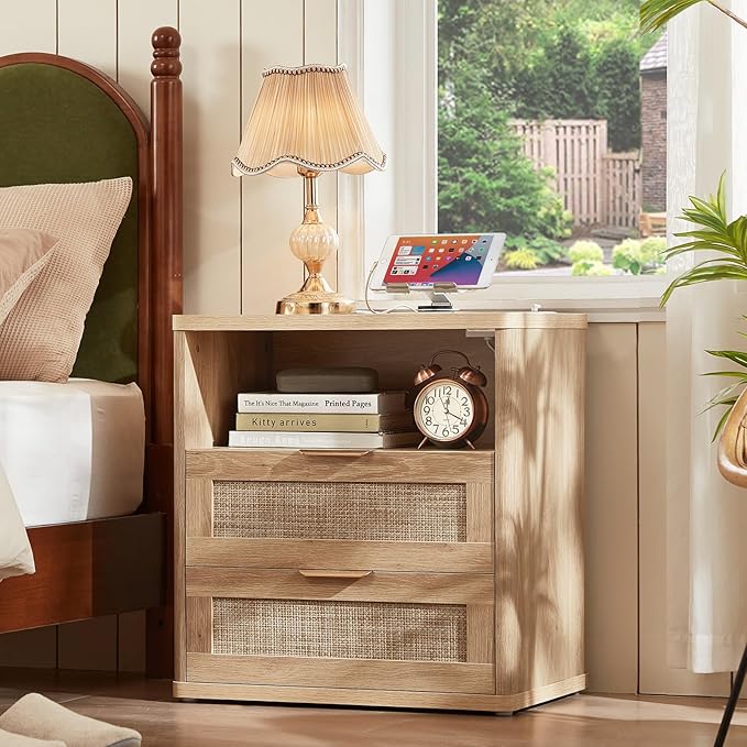 LEYAOYAO Rattan Dresser and Nightstand Set of 2, Boho Wood Dresser for Bedroom with 6 Drawers and Night Stand with Charging Station, Bedroom Furniture, Dressers & Chests of Drawers,Living Room,Hallway