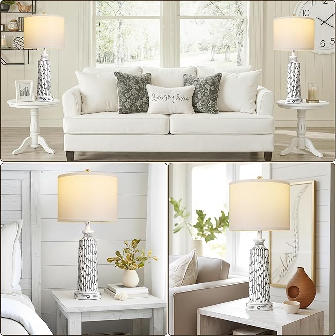QiMH Table Lamp for Living Room,Bedside Lamps for Bedroom Set of 2 with USB A+C Ports,3-Way Dimmable Touch Control, Modern Coastal White Grey Resin Nightstand Lamp, Included 2700K LED Bulbs