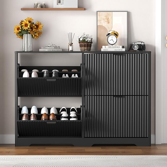 Shoe Cabinet Storage for Entryway with 4 Flip Drawers, Black Fluted Shoe Cabinet with Adjustable Shelves, Wooden Hidden Shoe Rack Freestanding Narrow Slim Shoes Storage for Hallway, Entrance