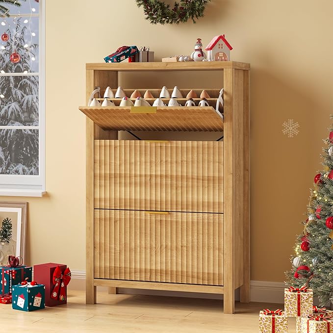 Shoe Cabinet Storage for Entryway, Fluted Shoe Cabinet with 3 Flip Drawers, Hidden Shoe Rack Tall Freestanding Shoe Organizer with Legs for Hallway, Oak
