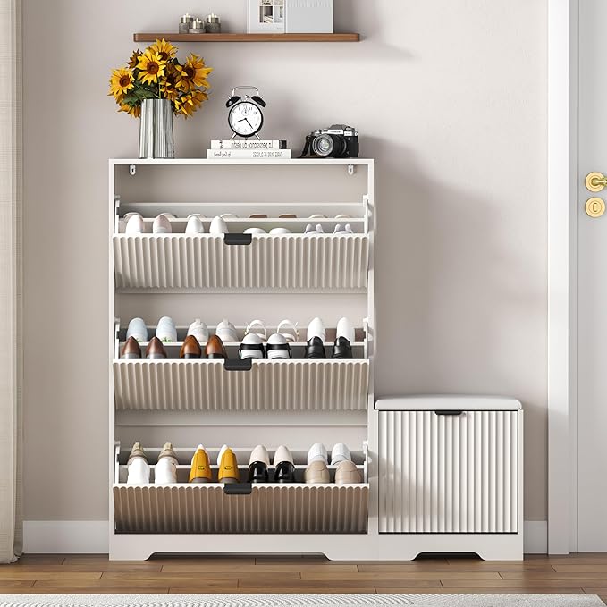 Shoe Cabinet Storage for Entryway with 4 Flip Drawers, White Fluted Shoe Cabinet with Bench, Wooden Hidden Shoe Rack Freestanding Narrow Slim Shoes Storage Organizer for Hallway, Entrance
