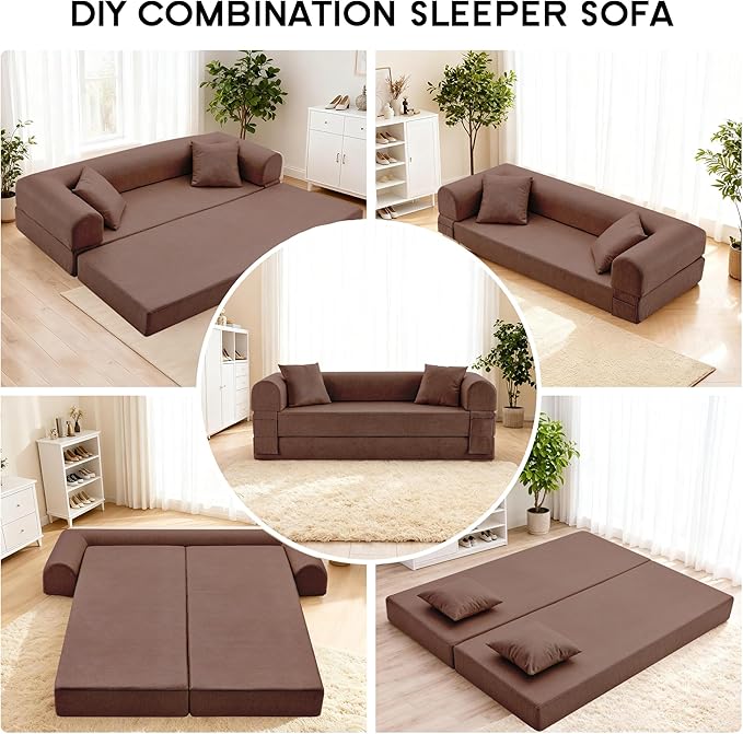 78.5" Convertible Sleeper Sofa Bed, Faux Leather Deep Seat Folding Floor Sofa with Pullout Bed & 2 Pillows, No Assembly Modern Boneless Couch Compression Sofa in Box for Living Room, Office, Brown