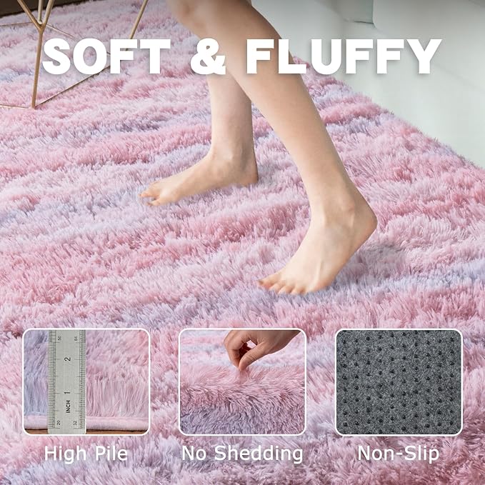 Fluffy Rugs for Bedroom Living Room, 4x6 Feet Abstract Pink Shag Area Rugs, Non-Slip Indoor Modern Fuzzy Plush Floor Carpet for Dorm Nursery Kids Room Decor, Soft Shaggy Throw Rug