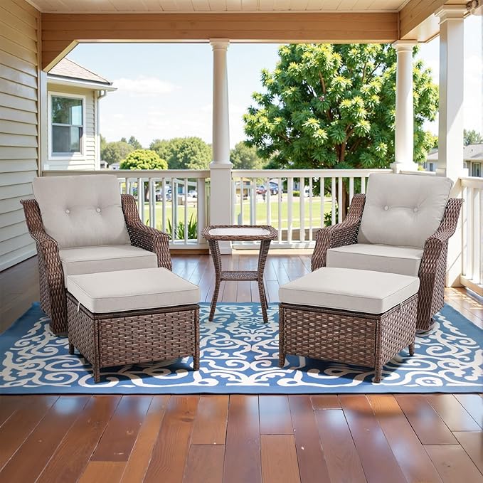 Belord 5 Piece Wicker Patio Furniture Set with Ottoman - High Back Outdoor Swivel Rocker Glider Chairs with Glass Top Side Table,28D High-Density 6" Removable Blue Cushion for Deck Porch Backyard