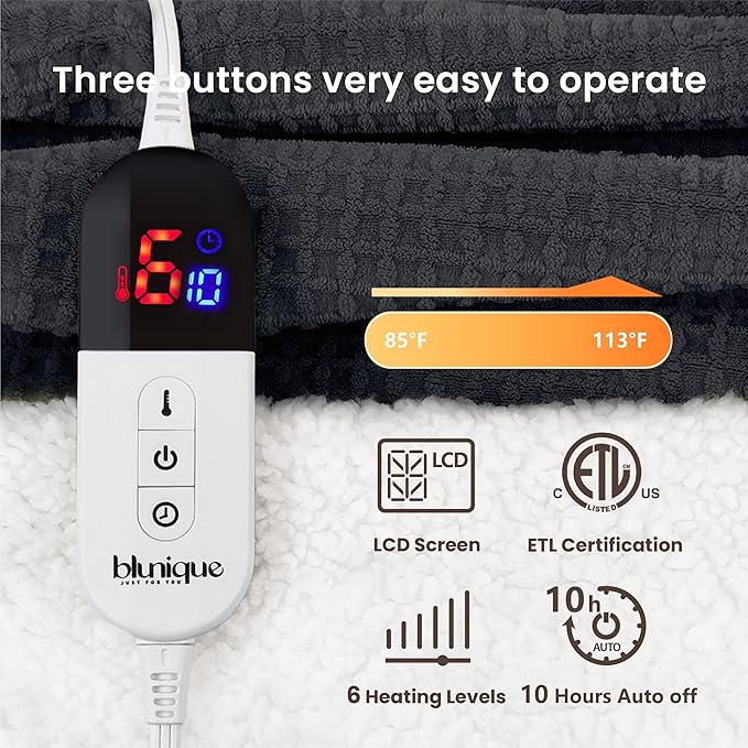 Heated Blanket Electric Blanket Full Waffle,72x84 Inches Sherpa Fleece Fast Heating Blanket 6 Heating Levels & 10 Hours Auto Off ETL Certification,Charcoal Grey Full