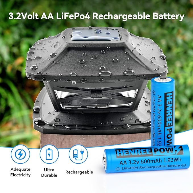 Henreepow AA 3.2v Solar Rechargeable Batteries, LiFePo4 Double A 600mAh 3.2v 1.92wh Solar Battery, 3.2v Rechargeable Batteries for Solar Lights, Wall Lantern, Solar Post Lights（AA-3.2v-6pack）