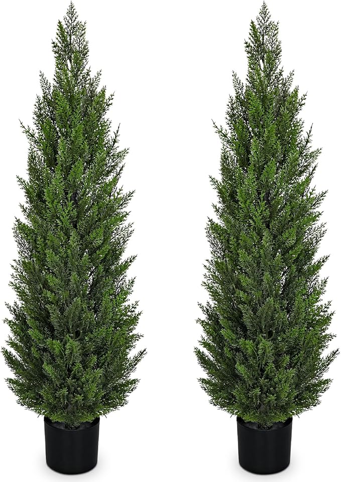 Briful 4ft Cedar Topiary Trees Artificial Outdoor Set of 2, Realistic Faux Cedar Pines with Pots, UV Resistant Christmas Greenery for Holiday Decor, Indoor Farmhouse Entryway Patio Door Plants