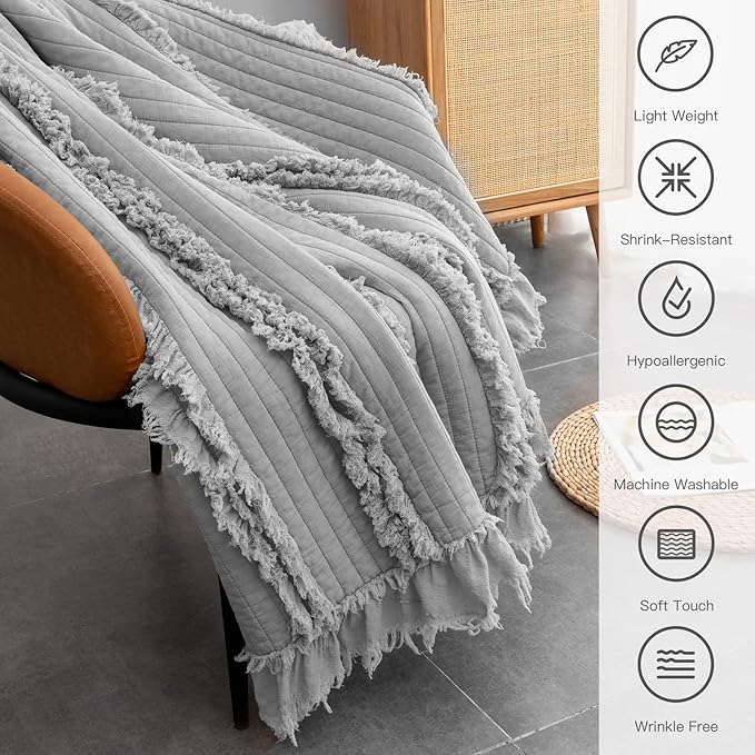 Ultra Soft Pre-Washed Quilted Boho Grey Queen Size Blankets for Bed, Ruffle Fringed Decorative Throw, Stone Washed Chic Rustic Blanket for Sofa Couch Bed, 90"*90"