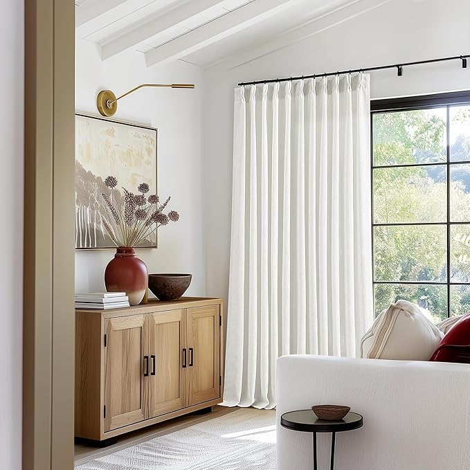 Beige White 70 Inch Wide Curtains 90 Inches Long for Living Room Light Filtering Semi Sheer Modern Farmhouse Pleated Curtain with Hooks Rings for Patio Sliding Door Dining Room Large Window 1 Panel