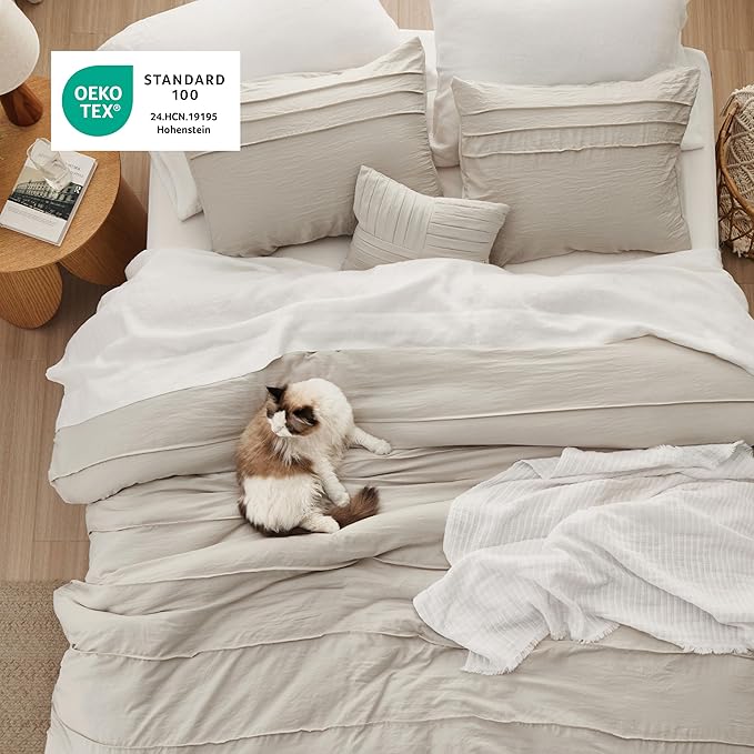 Bedsure California King Comforter Set - 4 Pieces Pinch Pleat Bed Set, Beige Boho Bedding for All Season, 1 Soft Comforter, 2 Pillowcases, 1 Decorative Pillow