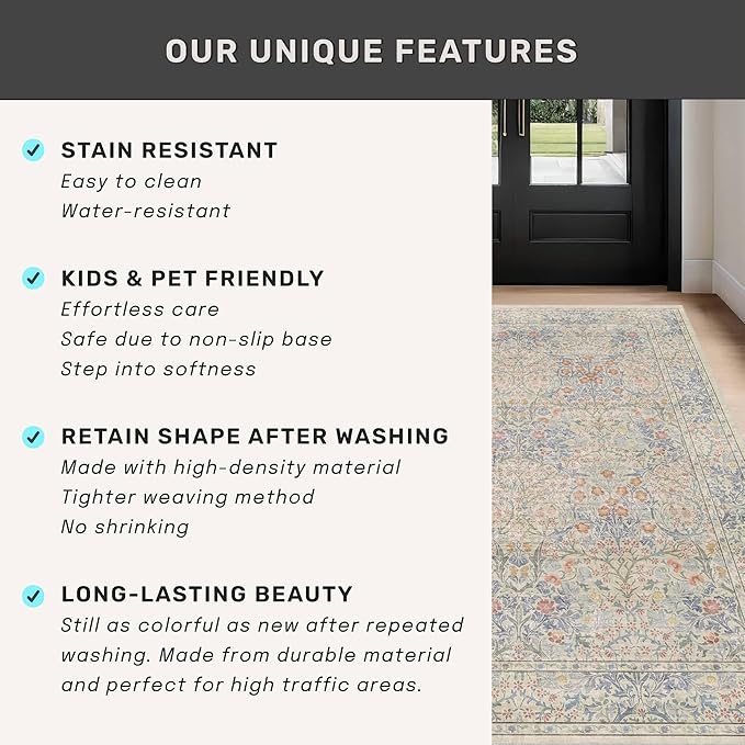 Washable Dining Room Rugs, 7x9 Area Rug for Living Room, Bedroom, Kids Playroom, Low Pile Non-Slip Lightweight & Stain Resistance - Light Beige Blue Oriental Vintage Design