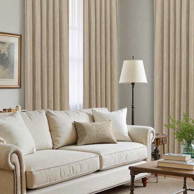 LAMIT Taupe Velvet Curtains for Living Room, 102 Inch Room Darkening Panels Thermal Insulated Back Tab and Rod Pocket Drapes for Bedroom/Sliding Glass Door, 2 Panels, 52 x 102 Inch