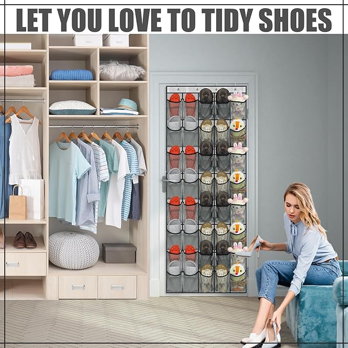Windyun Over the Door Shoe Organizer with 40 Large Breathable Mesh Pocket, Space Saving Hanging Shoe Rack Hanger Gray Behind the Door Storage Holder for Entryway Closet Bedroom Utility Room Women Men