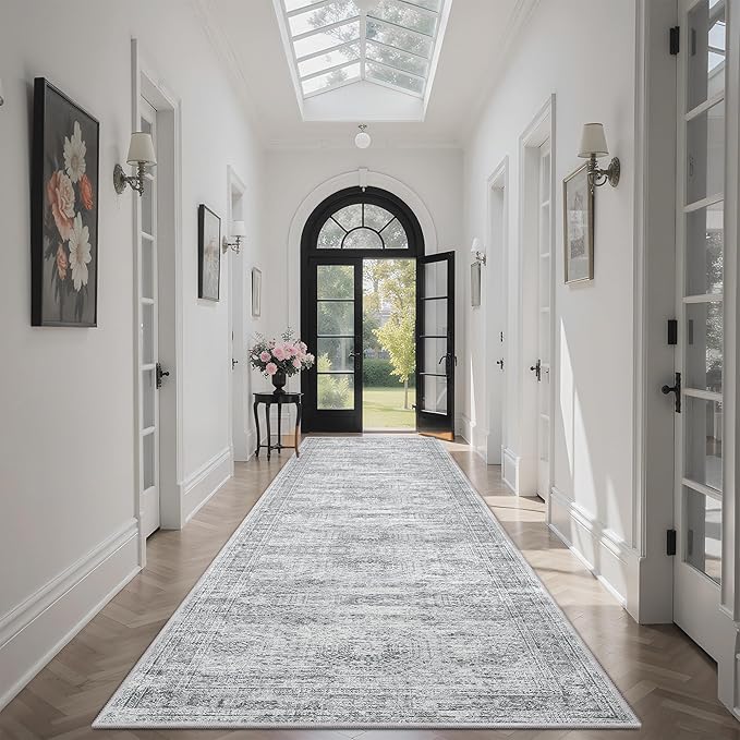 Runner Rug 2'6" x 10' Washable Non-Slip Runner Rugs for Kitchen Bathroom Laundry Room Vintage Ultra Thin Runners for Hallway Entryway Grey