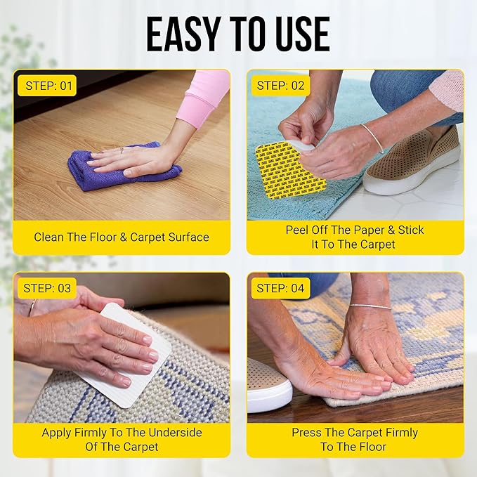 Alien Grip Rug Gripper Carpet Tape - 12pcs, 4x4 in. Anti-Slip Hardwood, Tile Floor, No Damage - Double Sided Reusable, Non Slip Corner Rug Pads - As Seen on TV
