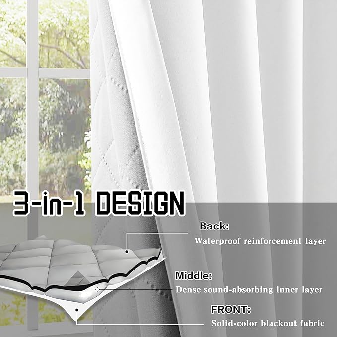 White Noise Canceling 3-in-1 Heavy Curtains 100% Blackout Curtains Grommet Doorway Curtains for Bedroom Living Room Energy Saving Thermal Insulation Winter Drapes (1 Panel, White, 50" x 84")