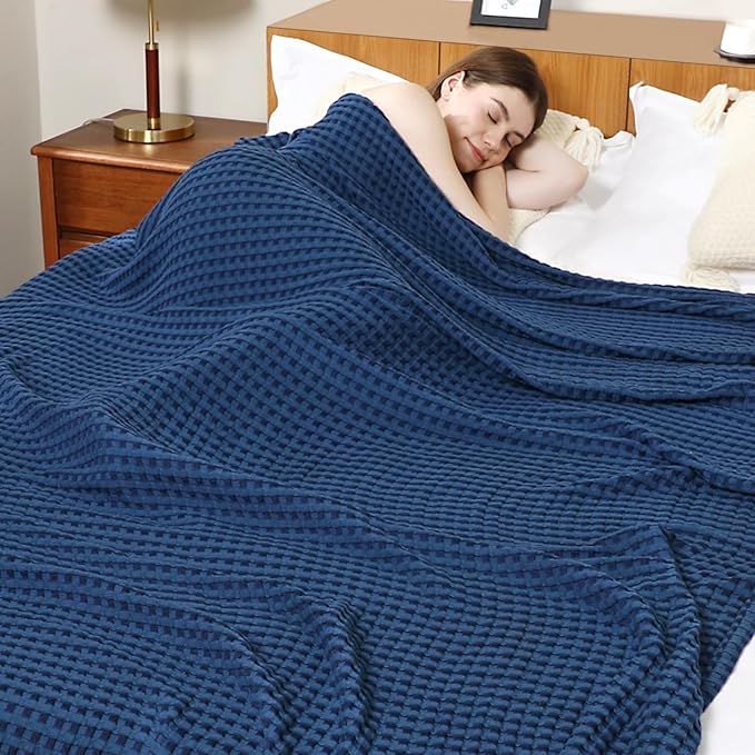 Aganear Waffle Blanket - Lightweight Breathable Summer Blanket of 50% Cotton and 50% Rayon Derived from Bamboo for Hot Sleepers Luxury Throws for Bed, Couch and Sofa,Navy,104x90 Inches