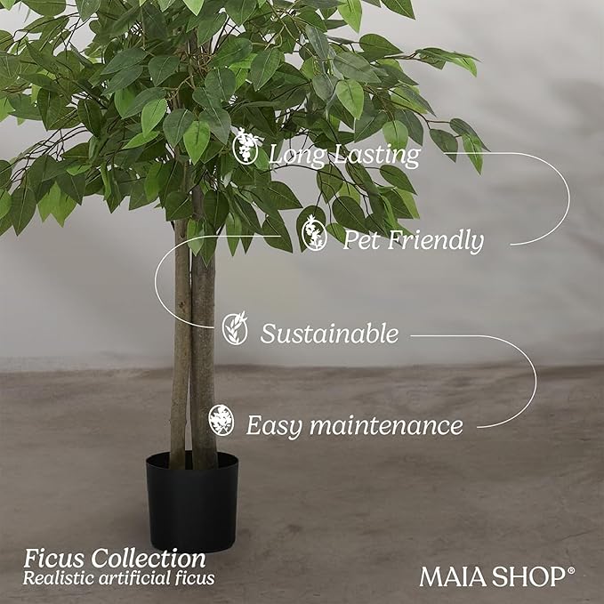 Maia Shop 5ft Artificial Ficus Tree Plant for House, Apartment or Office – Realistic Fake Indoor Plants for Living Room, Kitchen, Bedroom, Entryway or Bathroom – Faux Greenery for Home Décor