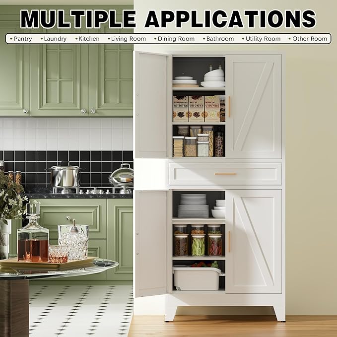 COFaR 71" Tall Kitchen Pantry, Farmhouse Storage Cabinet with Doors and Shelves, Metal Cabinet with Drawers and Legs, for Cupboard/Dining Room/Bathroom/Living Room/Office/Laundry Room (White).