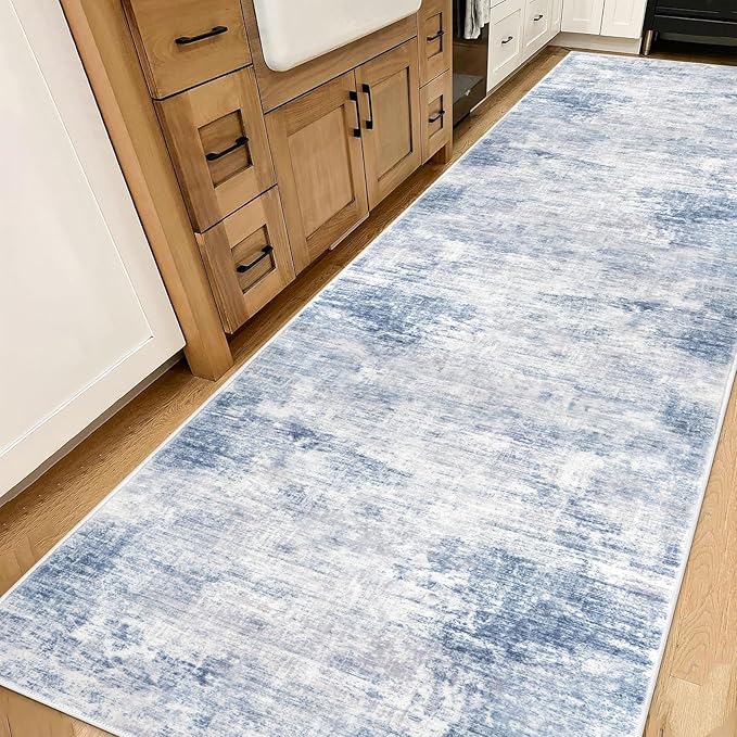 IOHOUZE Abstract Runner Rug 3x14 Ft Washable Runners for Hallways, Non Slip Kitchen Runner Printed Faux Wool Entryway Runner Indoor, Modern Abstract Floor Carpet for Hall Stair, Light Blue White