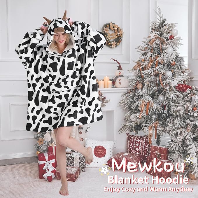 Wearable Blanket Hoodie for Adult,Oversized Sherpa Fleece Blanket Hoodie for Women Men,Cow Print