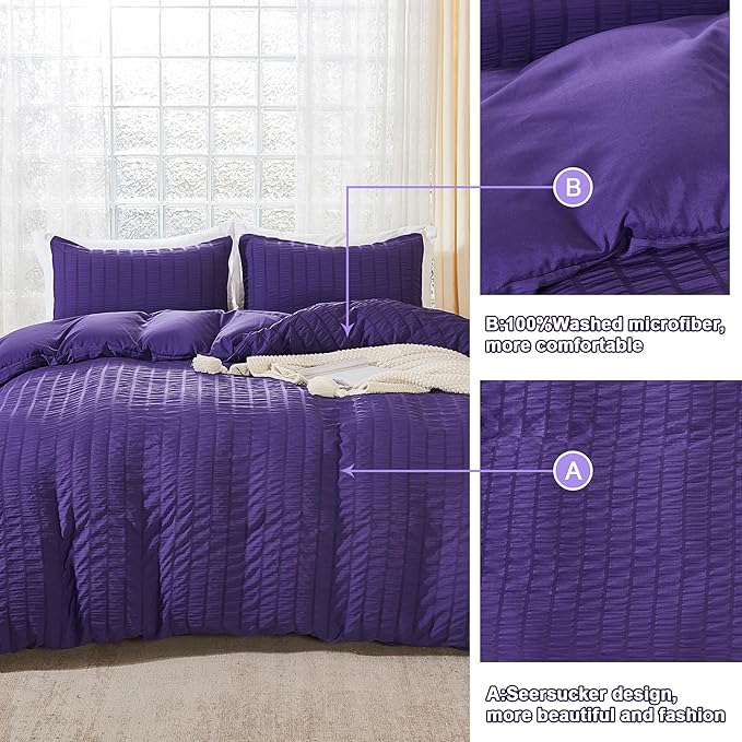 AveLom Dark Purple Duvet Cover Cal King(104 x 98 inches), 3 Pieces (1 Duvet Cover, 2 Pillowcases), Seersucker Striped Soft Washed Microfiber, Textured Duvet Cover Set with Zipper Closure, Corner Ties