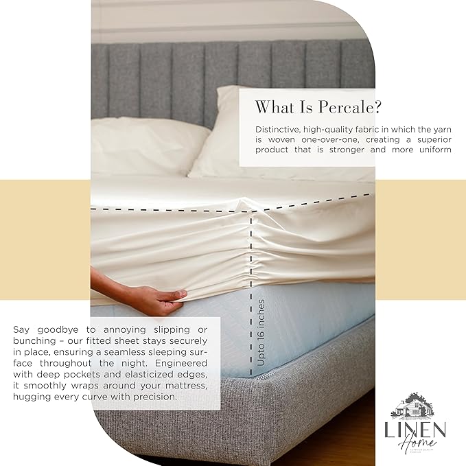 Linen Home 100% Cotton Percale Sheets California King Size, Ivory, Deep Pocket, 4 Pieces Set - 1 Flat, 1 Deep Pocket Fitted Sheet and 2 Pillowcases, Crisp Cool and Strong Bed Linen