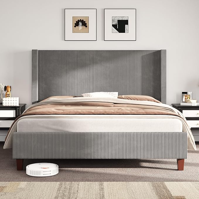 AMERLIFE King Size Upholstered Bed Frame with 50.8" Tall Headboard, Wingback Platform Bed with Solid Wood Legs, Wooden Slats, Corduroy/No Box Spring Needed/Noise Free/Greige