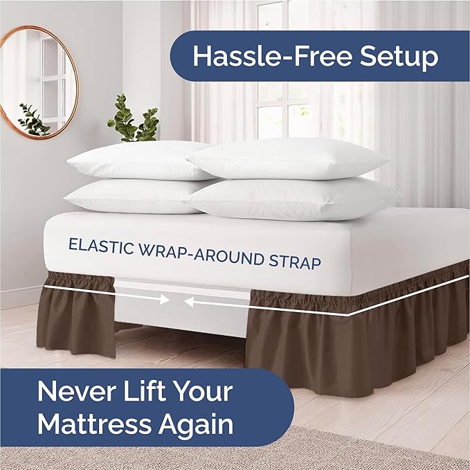 Wrap Around Dust Ruffle Bed Skirt - Brown - for King Size Beds with 24 Inch Drop - Easy Fit Elastic Strap - Adjustable Pleated Bedskirt w/Brushed Fabric - Wrinkle Free - for Women, Men, Kids & Teens