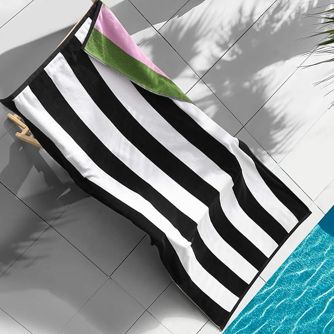 Juicy Couture Black/White Green/Pink Reversible Cabana 36" x 72" 100% Cotton Oversized Beach Towel - Soft, Absorbent, and Quick-Drying, Perfect for Beach, Pool, or Travel