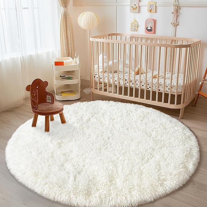 Round White Rug for Bedroom, 4 ft Circle Area Rugs for Living Room, Soft Fluffy Shag Carpet for Teen Girls Boys Nursery Room Dorm Home Decor Aesthetic