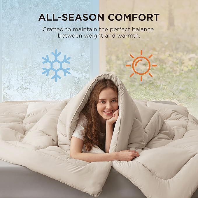 Bedsure Comforter Duvet Insert - Quilted Comforters King Size, All Season Duvet, GentleSoft Down Alternative Bedding, with 8 Tabs, Gifts for Women/Men, Linen, King 90 x 102 Inches