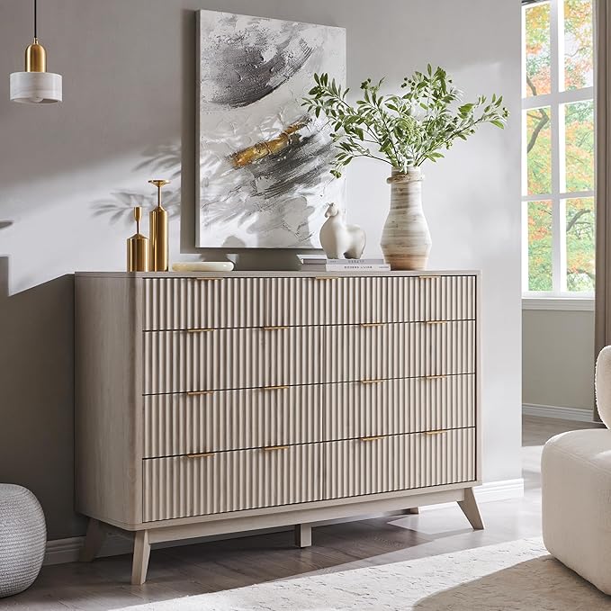 T4TREAM Fluted 9 Drawers Dresser, 54" Wide Modern Chest of Drawers, Curved Profile Design, Dresser TV Stand, Wood Drawer Organizer for Bedroom, Living Room, Hallway, White Alder