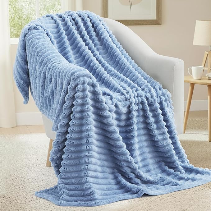 decorUhome Christmas Soft Fleece Blue Grey Blanket King Size for Bed, Cozy Fluffy Plush Flannel Large Striped Throws for Couch Sofa, Lightweight Decorative Fuzzy Blanket for Woman, 108x90 Inches