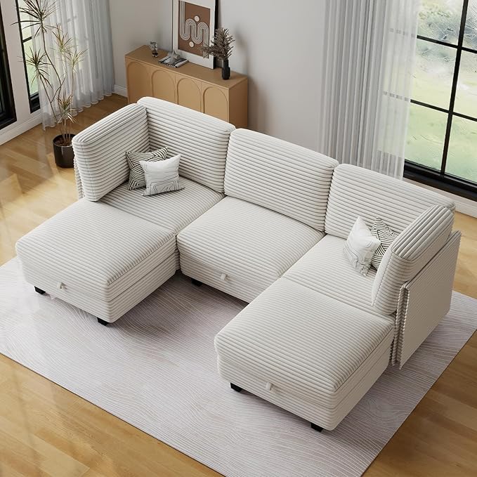 Modular Sectional Sofa with Adjustable Backrest,Large Convertible L/U-Shaped Sleeper Couch for Living Room,Cloud Sofa Bed Modern Reversible Design,White
