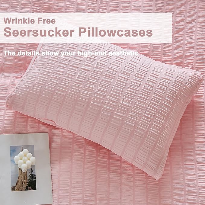 AveLom Blush Pink Seersucker Duvet Cover Set Full Size (80 x 90 inches), 3 Pieces (1 Duvet Cover + 2 Pillow Cases), Ultra Soft Washed Microfiber, Textured Duvet Cover with Zipper Closure, Corner Ties