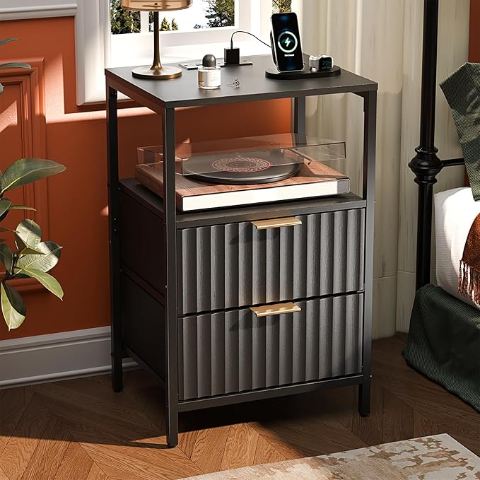 VINGLI Black Nightstand with Charging Station, Fluted Night Stand with Drawers Fabric, Bed Side Table/Night Stand with Charging Station for Bedroom, Dorm, 14.96" W*11.81" D*23.78" H