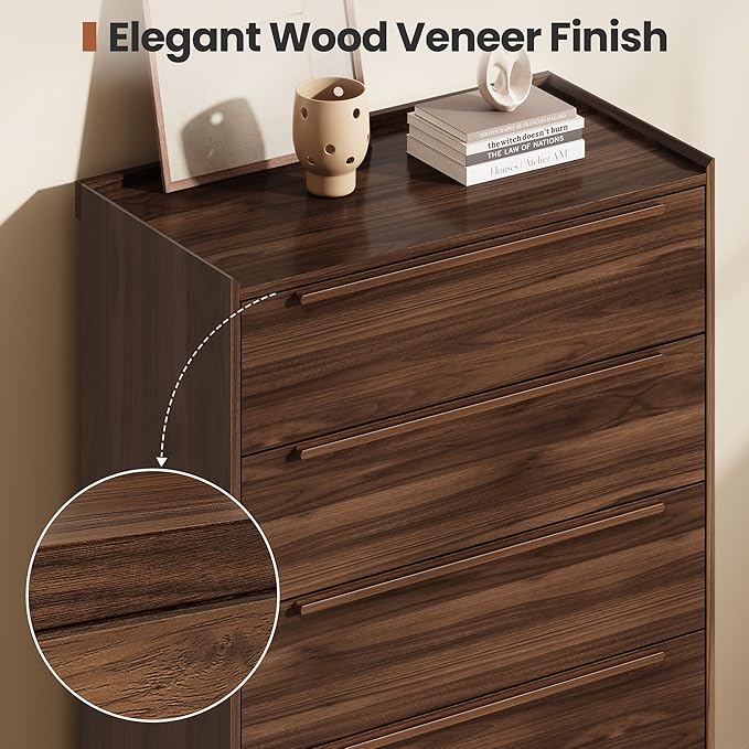 48" Tall Walnut Dresser for Bedroom, Mid-Century Modern 5 Drawer Chest of Drawers with Natural Wood Grain, Slim Vertical Storage Cabinet with Raised Edge Top, Anti-Tip Kit