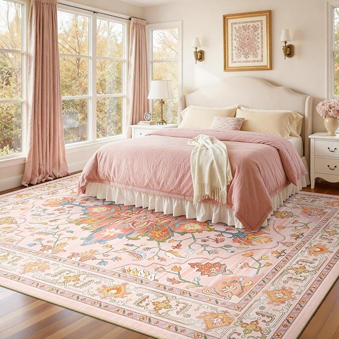 Area Rugs 9'x12' Washable Non-Slip, Floral Vintage Distress Print Pattern Medallion Carpet for Living Room Bedroom Dining Room, Light Pink Colorful