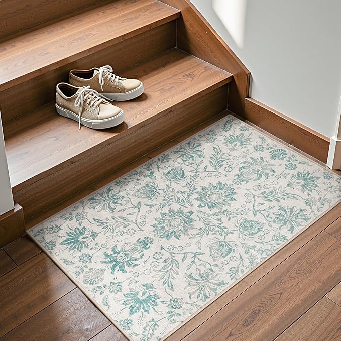 jinchan Torino 2x3 Washable Rugs for Entryway Vintage-Inspired Floral Design Non-Slip Low-Pile Doormat Ultra-Thin Indoor Traditional Accent Carpet for Entrance Kitchen Bathroom Bedroom