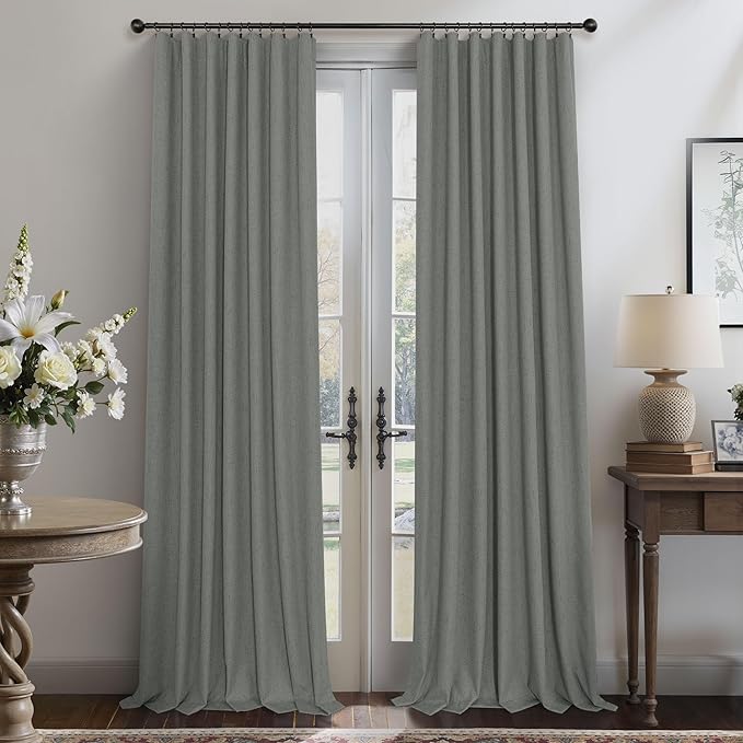 Gray Blackout Curtains 96 Inches Long 2 Panel Burg Linen Textured Charcoal Dark Grey Room Darkening Curtains for Bedroom Office Insulated Thermal Curtains for Summer Heat Light Blocking Divider Drapes